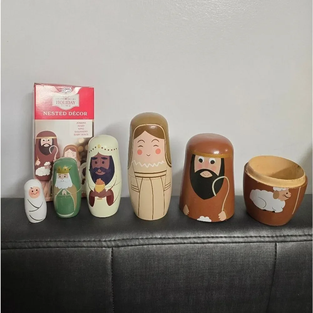Wooden Christmas Nativity Nesting Dolls, 5 Pieces, 6.75